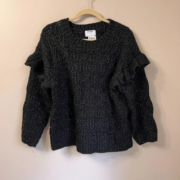 Old Navy Womens Black Ruffle Trim Metallic Pointelle Knit Sweater 2X Long Sleeve - Picture 4 of 9